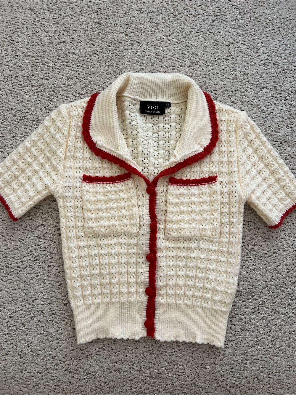 VICI Cream Knit Short Sleeve Cardigan with Red Accents